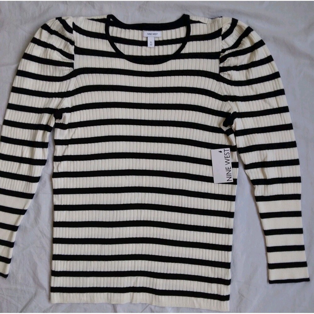 NWT Nine West Ribbed Puff Sleeve Sweater Ivory Black Stripes Long Sleeve XL - Picture 3 of 12